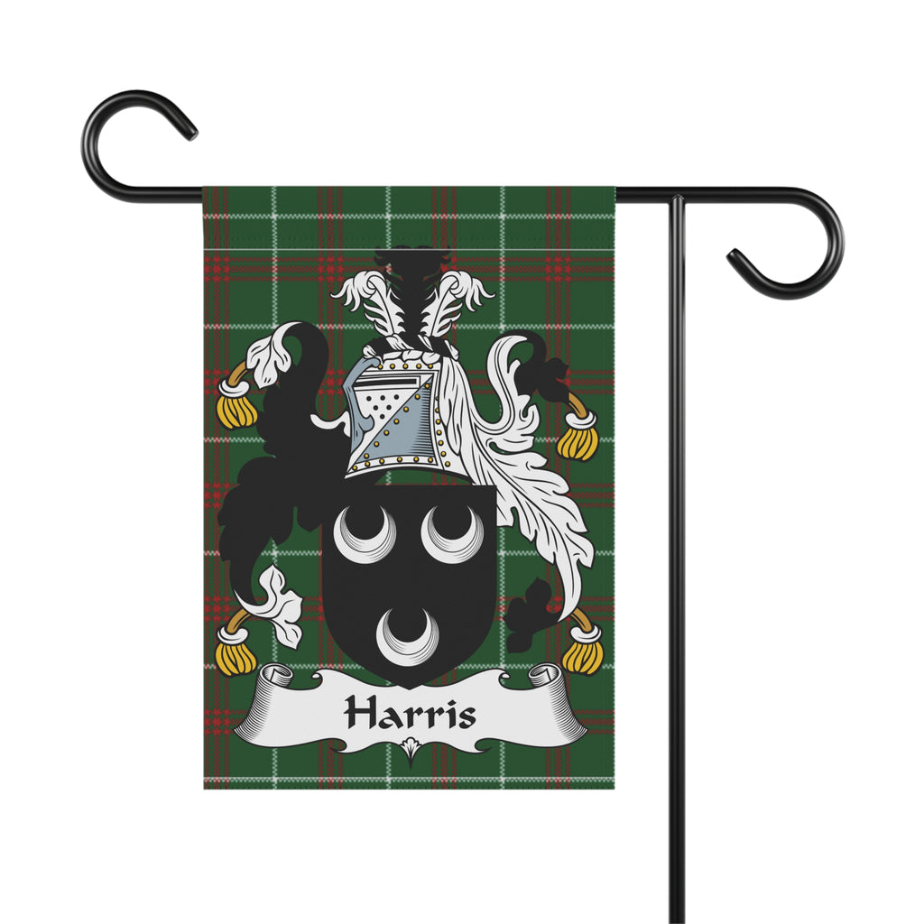 Harris family crest on a plaid garden flag.