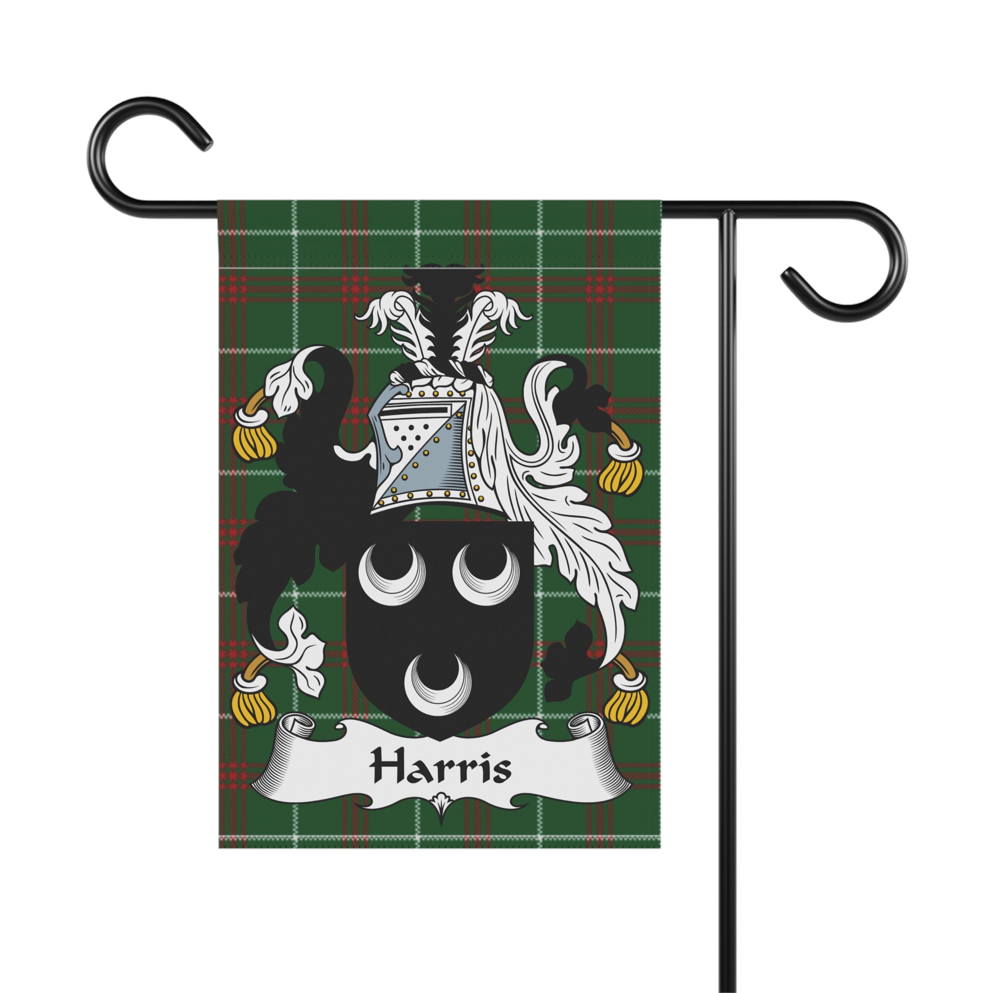 Harris family crest on a plaid garden flag.