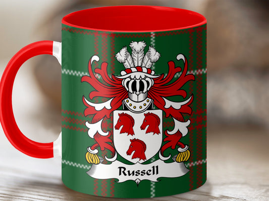 Russell Surname Coat of Arms on Welsh Tartan Mug - Living Stone Gifts