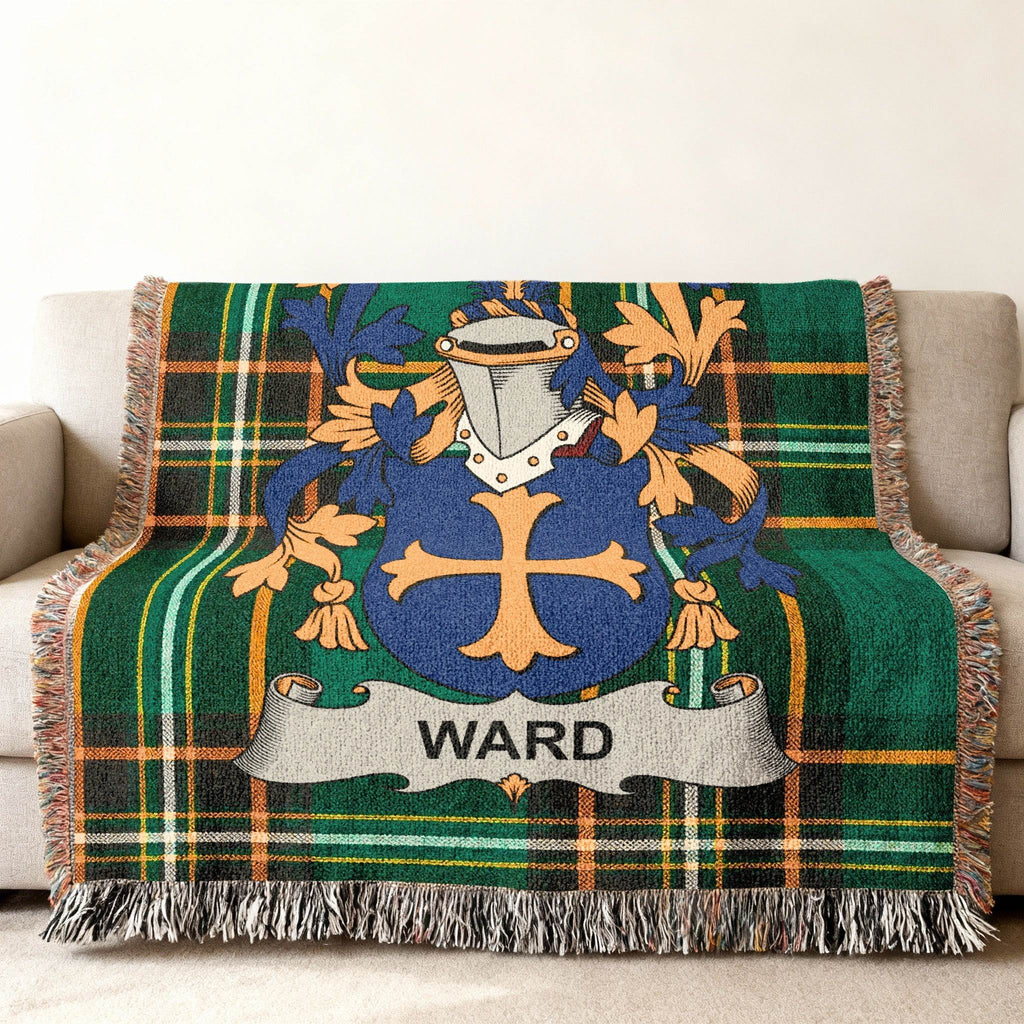 Tapestry throw blanket with green plaid and Ward family crest.