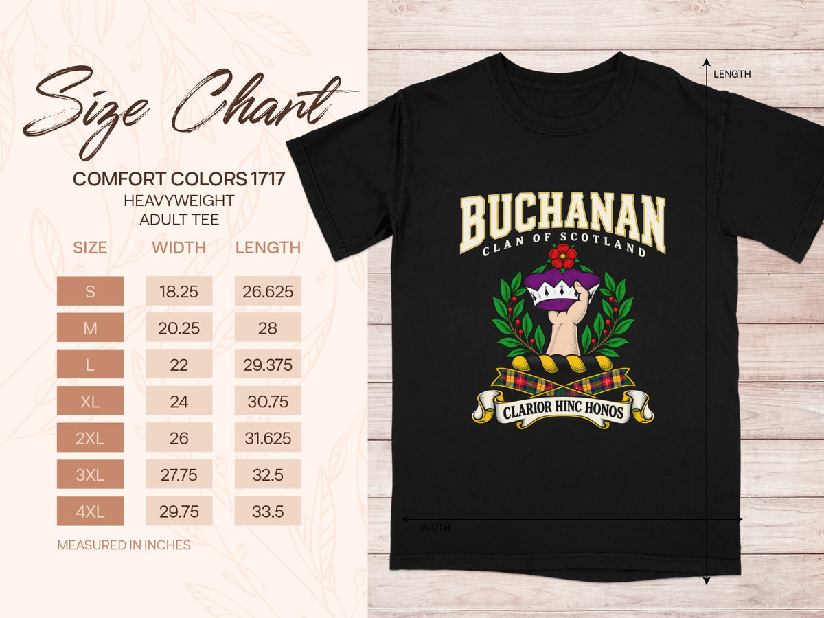 Buchanan Comfort Colors 1717 T-shirt size chart with black shirt illustration