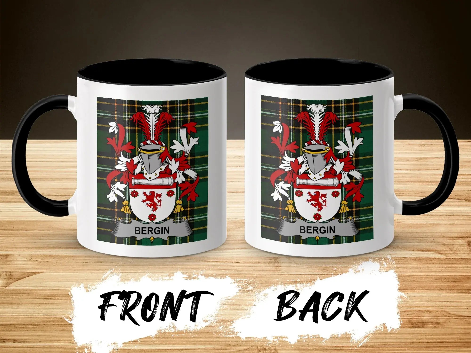 White mug with black rim and handle, featuring a family crest and name "BERGIN" on both sides.