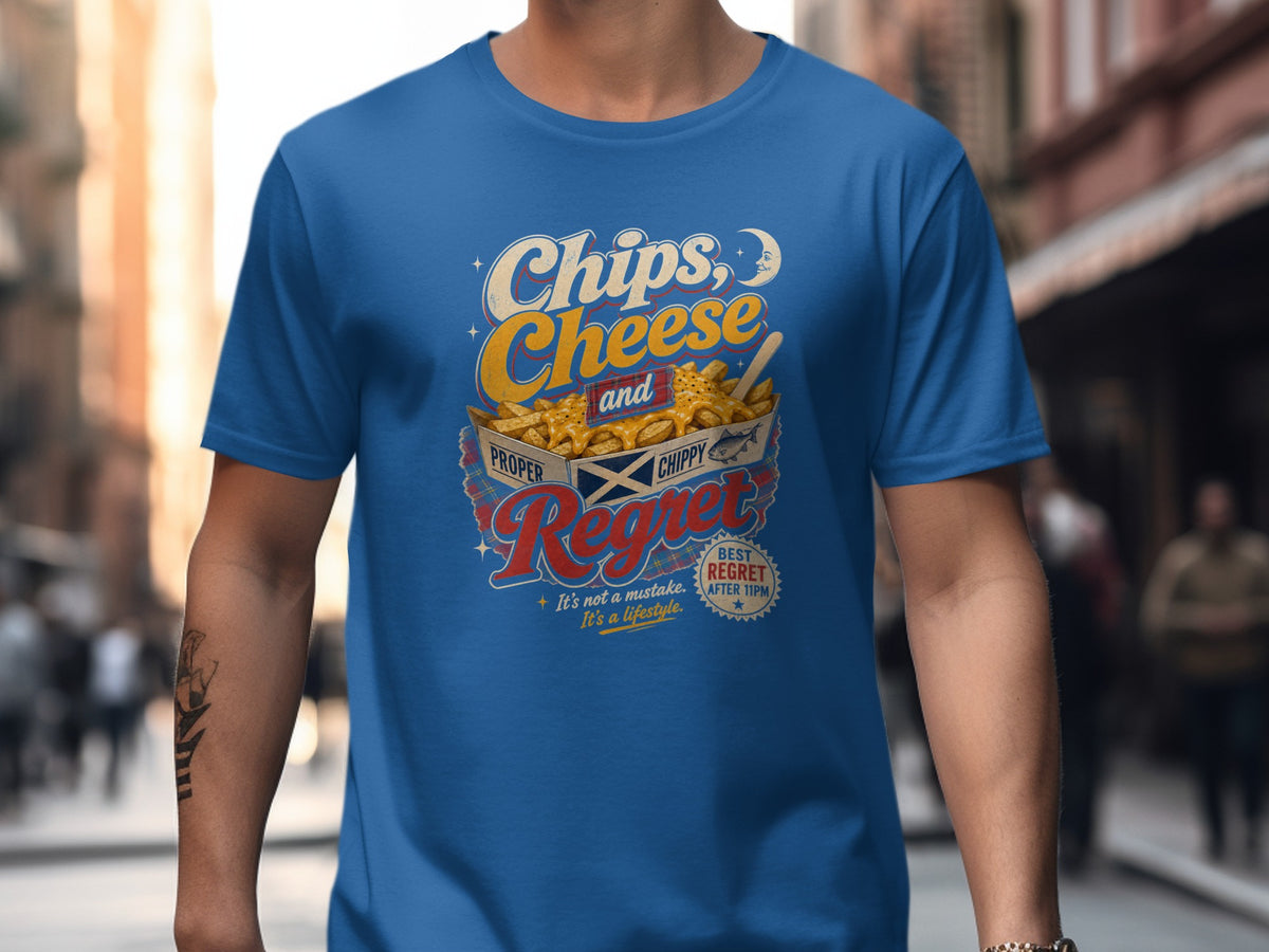 Blue t-shirt with "Chips, Cheese and Chippy Regret" graphic over fries.