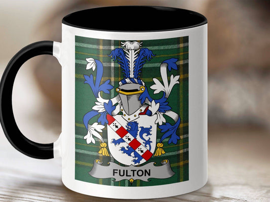Fulton Surname Family Crest Irish Tartan Heritage Mug - Celtic Ancestry Gifts