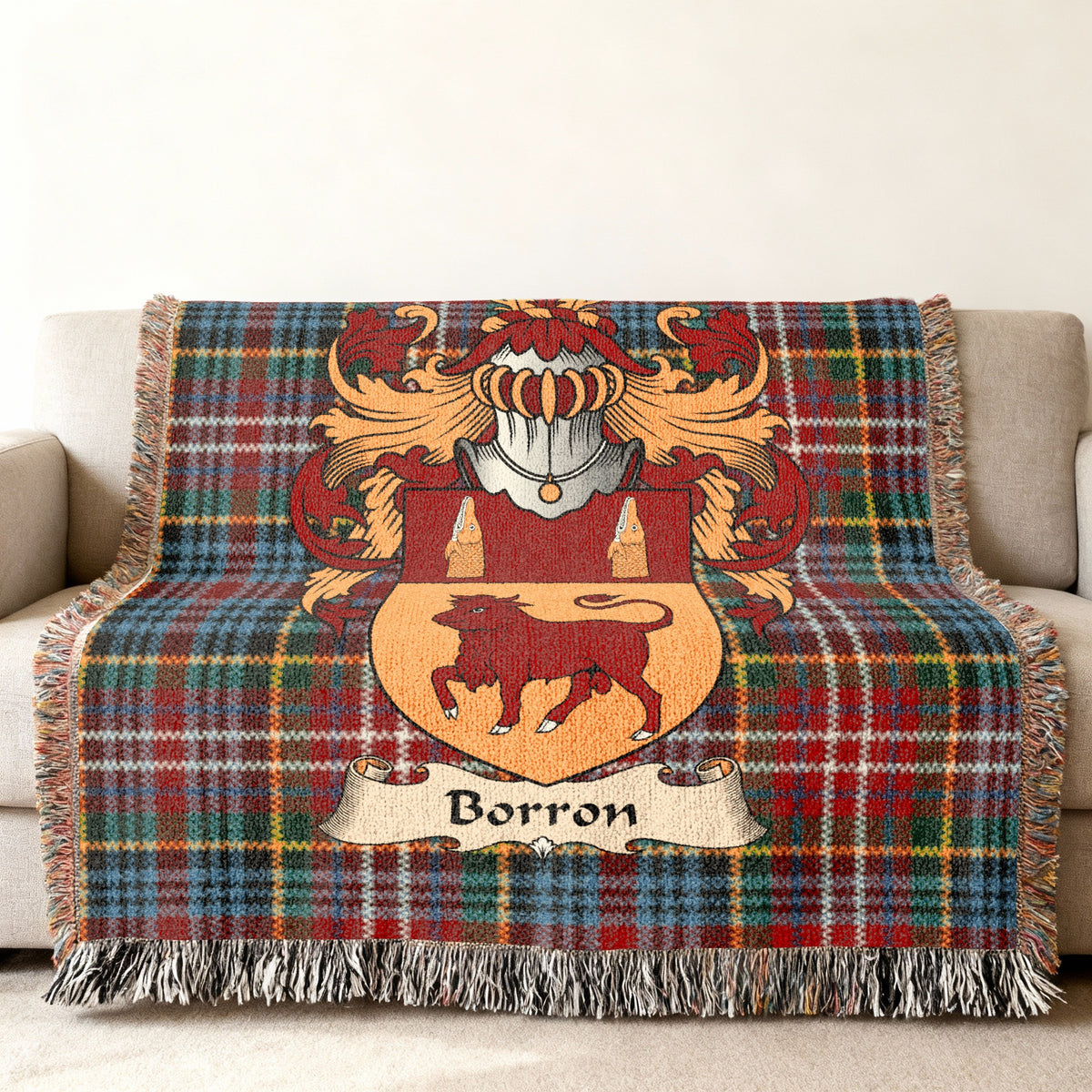 Borron Scottish family shield woven blanket on a Caledonia tartan background