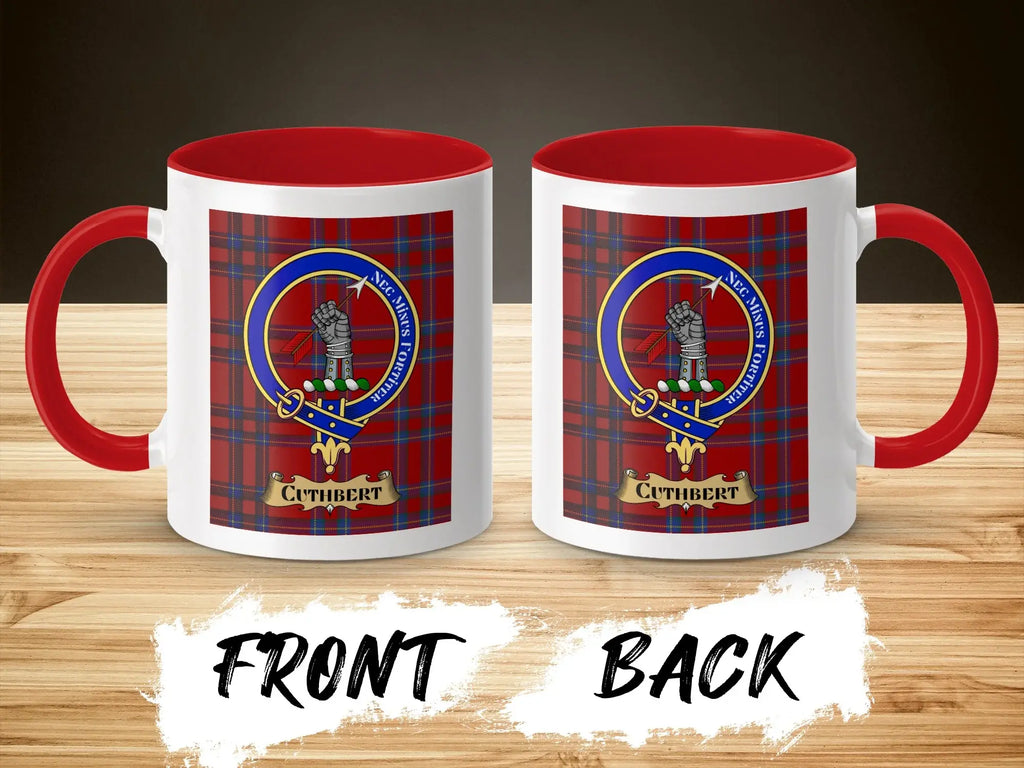 Cuthbert tartan-background crest mug shown as a Scottish heritage gift