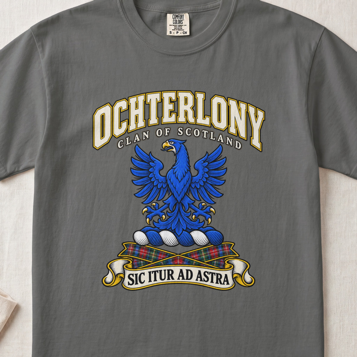 Ochterlony Scottish clan T-shirt in Pepper, front view with a blue eagle with spread wings and motto banner.