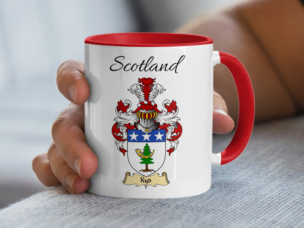 Kydd Scotland coat of arms mug in white ceramic with red handle and rim