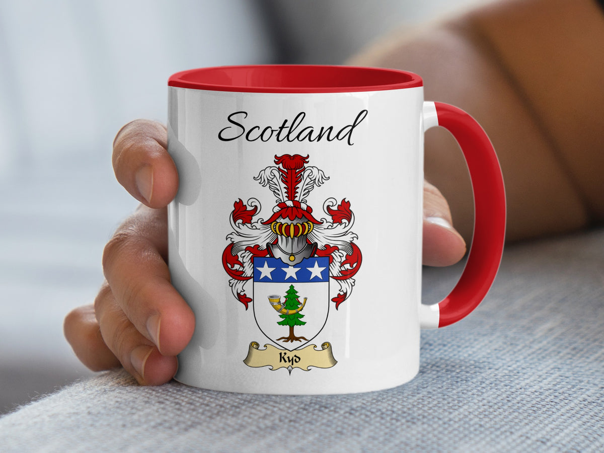Kydd Scotland coat of arms mug in white ceramic with red handle and rim