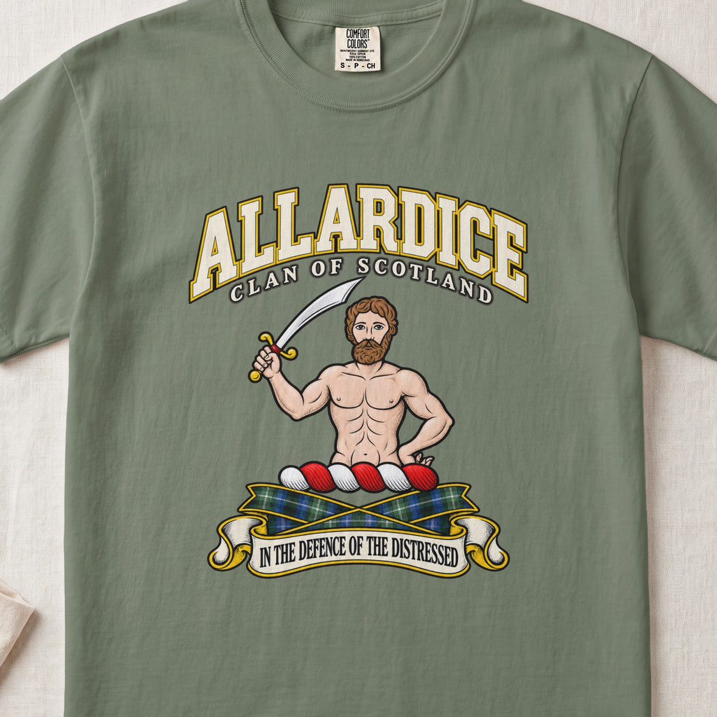 Allardice Scottish clan T-shirt in Moss, front view with a bearded figure holding a curved sword and motto design.