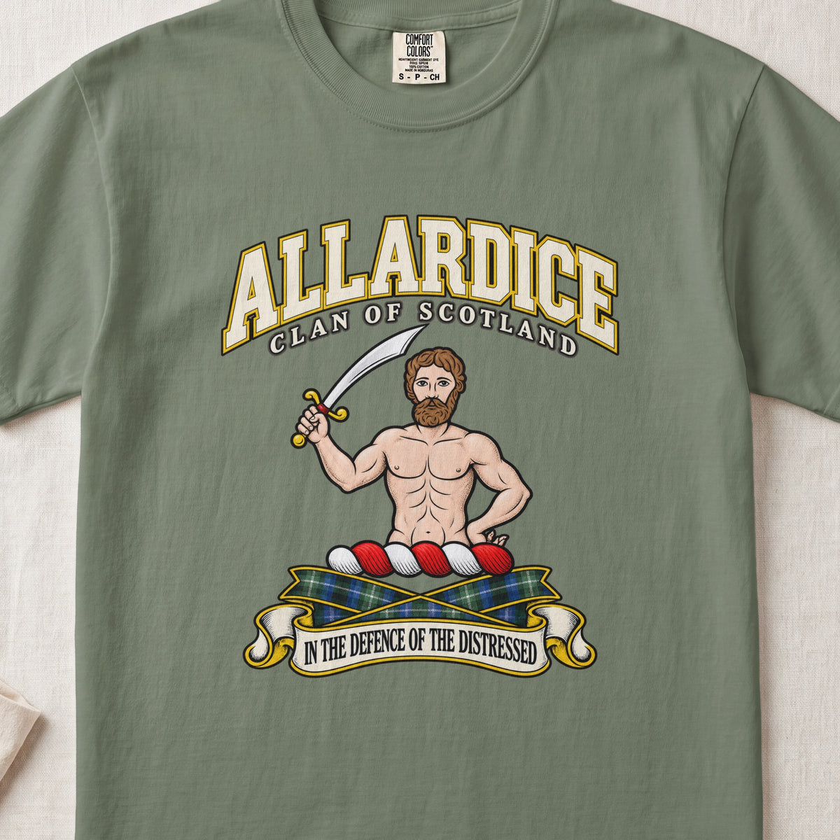 Allardice Scottish clan T-shirt in Moss, front view with a bearded figure holding a curved sword and motto design.
