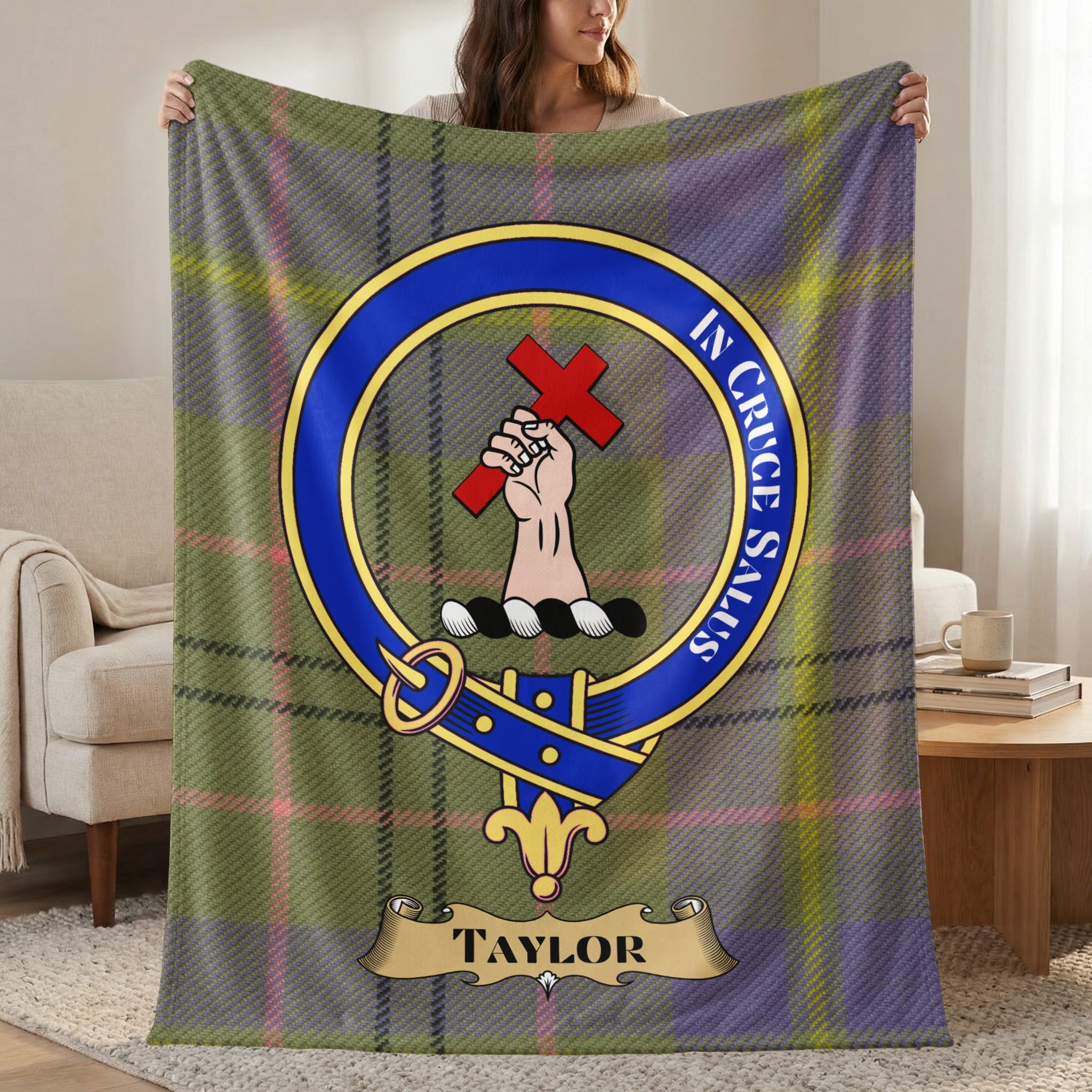 Taylor clan crest tartan throw blanket with name ribbon — 50x60 polyester