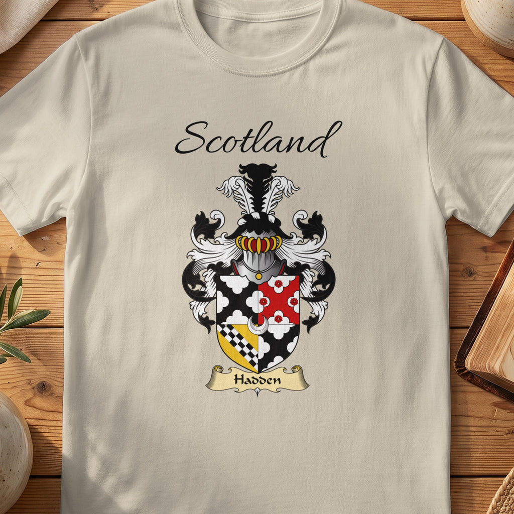 Sand Hadden Scottish family shield T-shirt featuring a quartered black, red and gold design