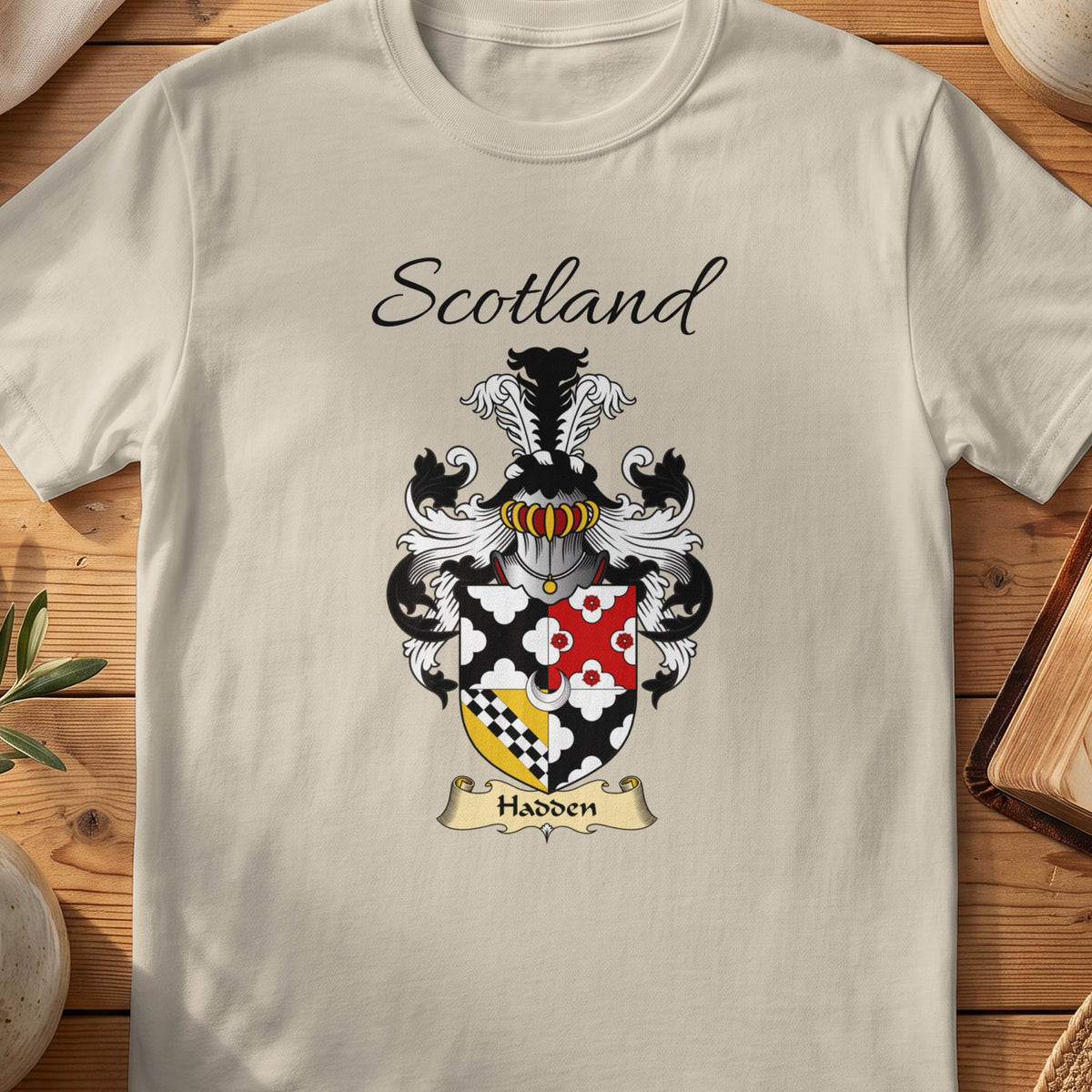 Sand Hadden Scottish family shield T-shirt featuring a quartered black, red and gold design