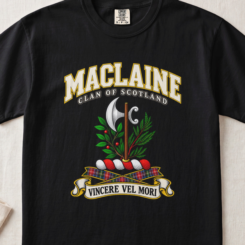 MacLaine Scottish clan T-shirt in Black, front view with a silver axe framed by green foliage and motto banner.