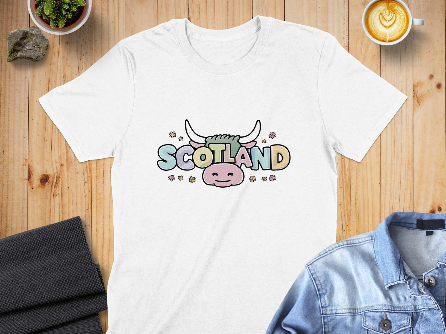 Cute Cartoon Scotland Highland Cow Flowers T-Shirt - Living Stone Gifts