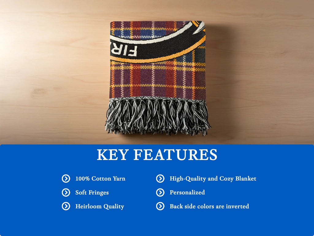 Dalrymple clan tartan woven blanket close-up — cotton yarn construction, crest and motto Firm