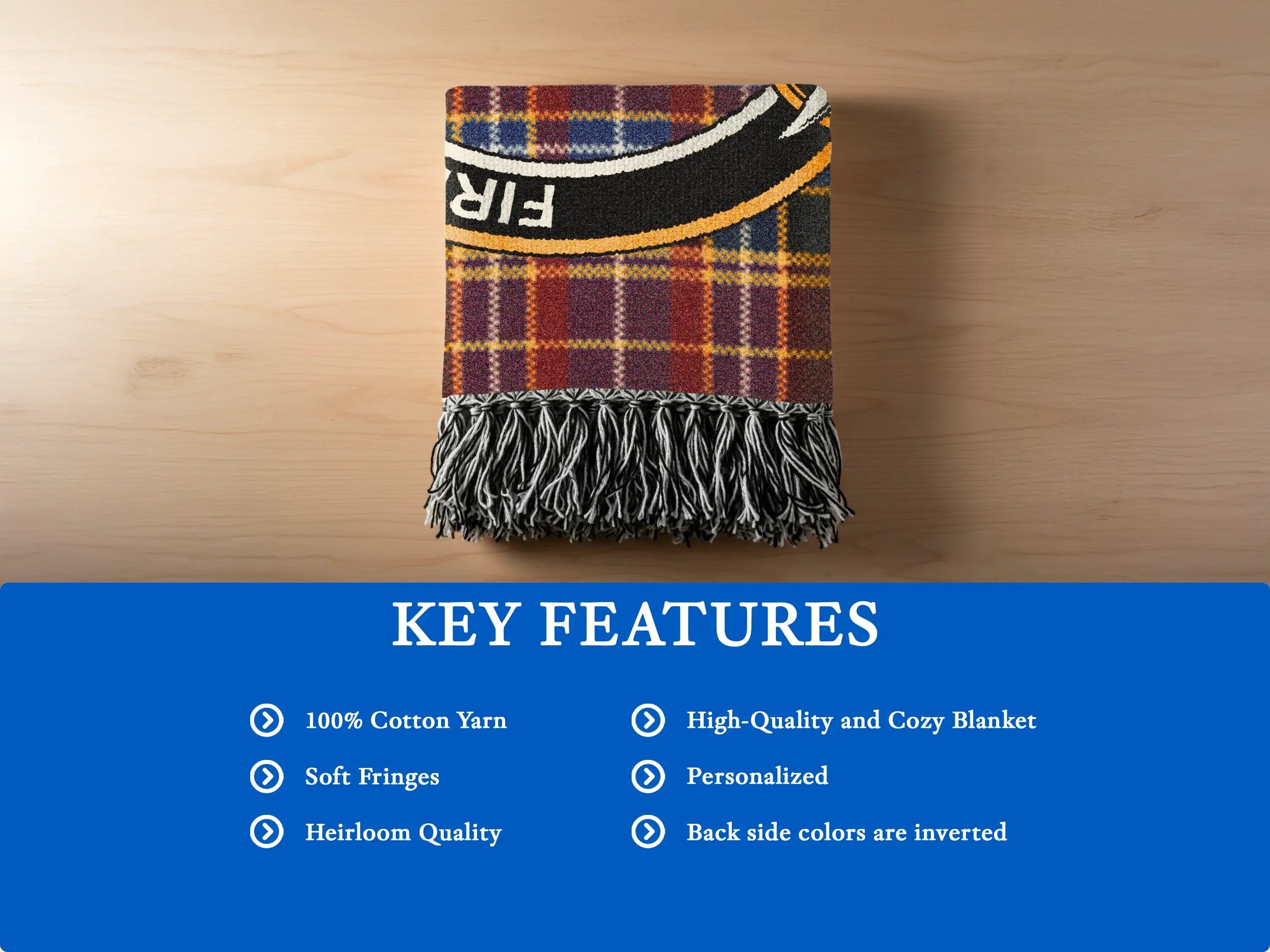 Dalrymple clan tartan woven blanket close-up — cotton yarn construction, crest and motto Firm