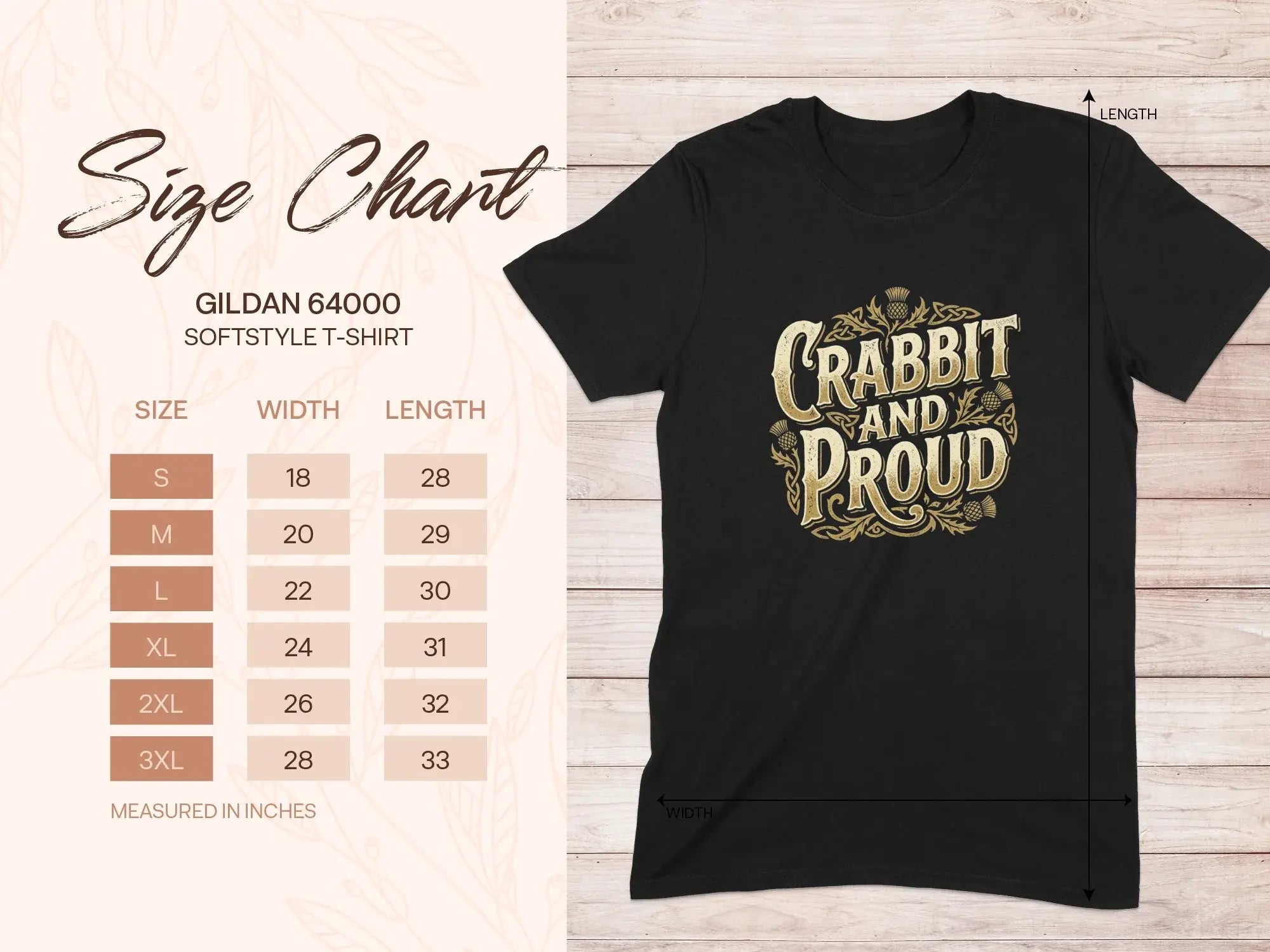 Gildan 64000 Softstyle T-shirt size chart with dimensions for sizes S through 3XL.