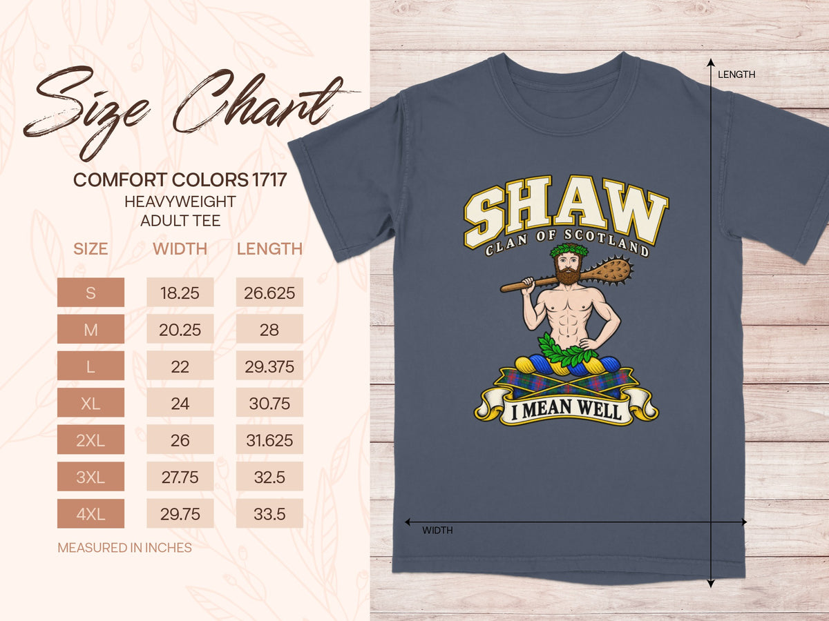 Comfort Colors 1717 size chart for the Shaw Scottish clan T-shirt, adult sizes S–4XL.