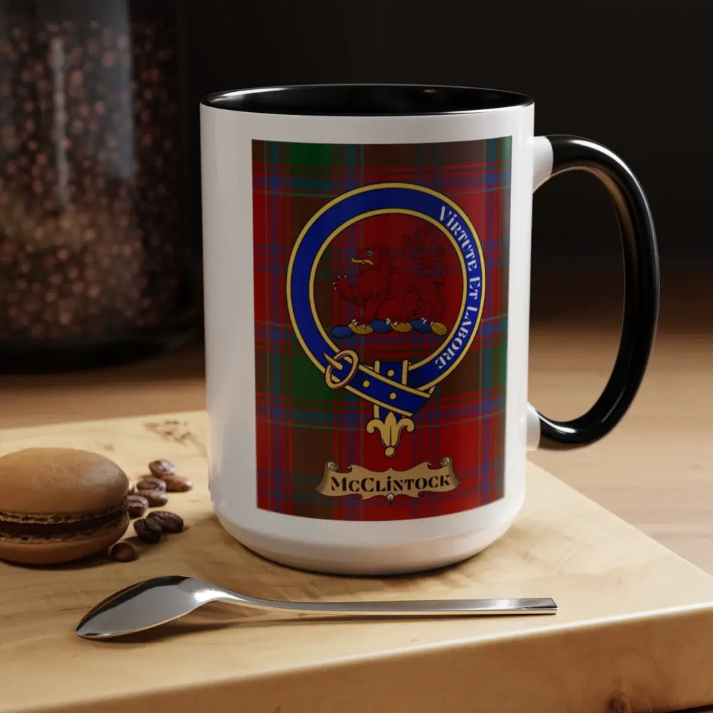 Close-up of the McClintock clan crest printed on a ceramic mug
