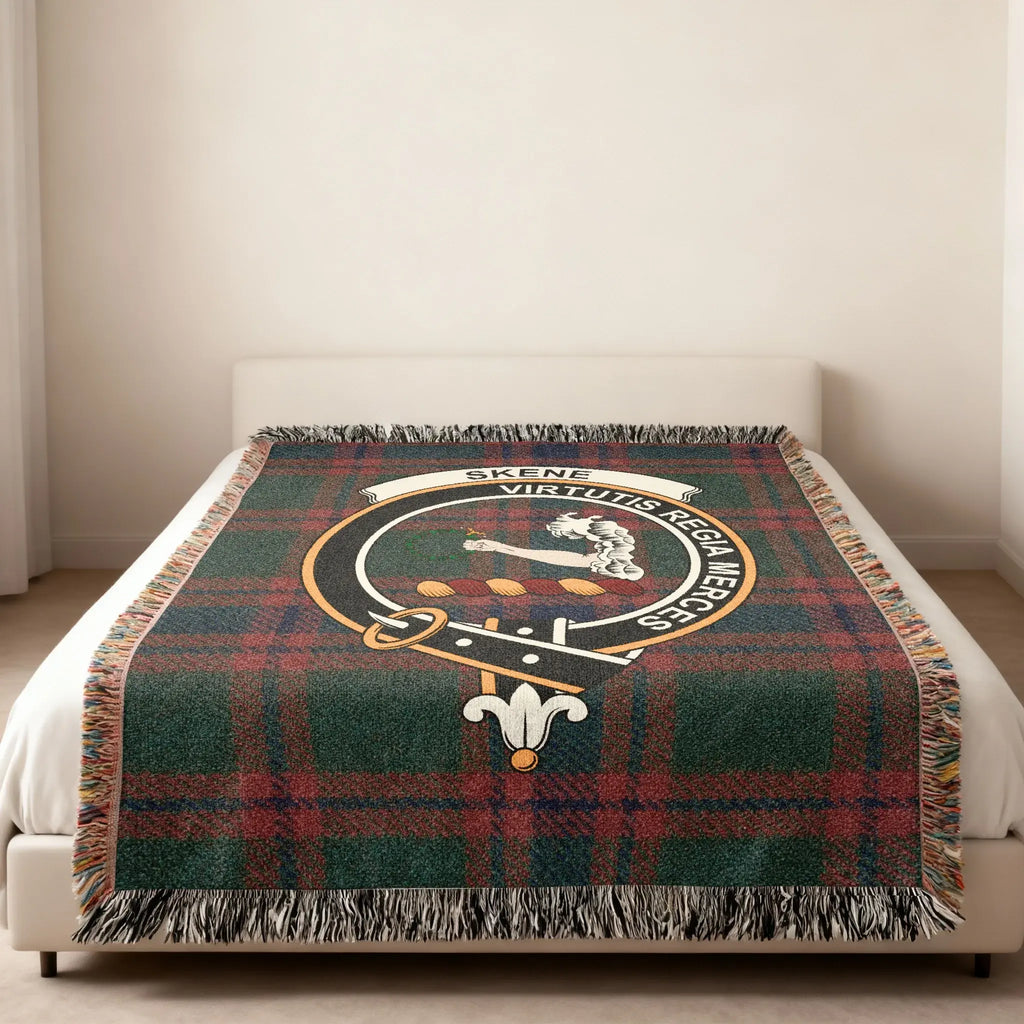 Skene virtutis regia merces tartan woven blanket folded — showing crest and plaid detail