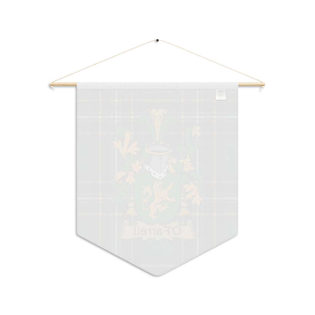 Pennant with O'Farrell coat of arms on tartan fabric hanging from wooden dowel.