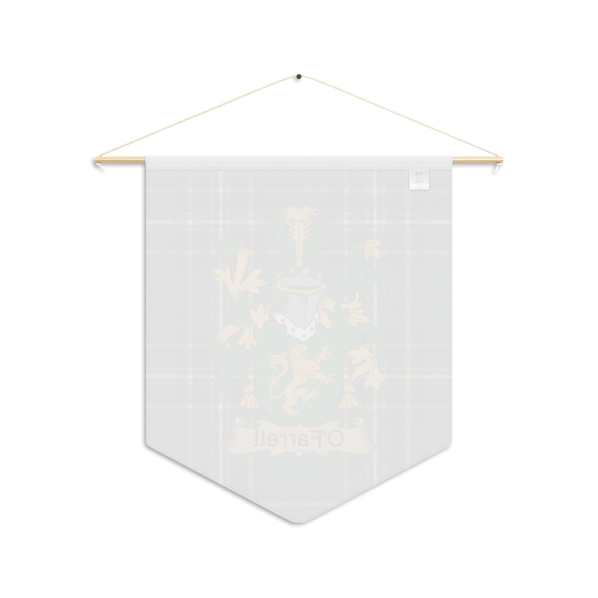 Pennant with O'Farrell coat of arms on tartan fabric hanging from wooden dowel.
