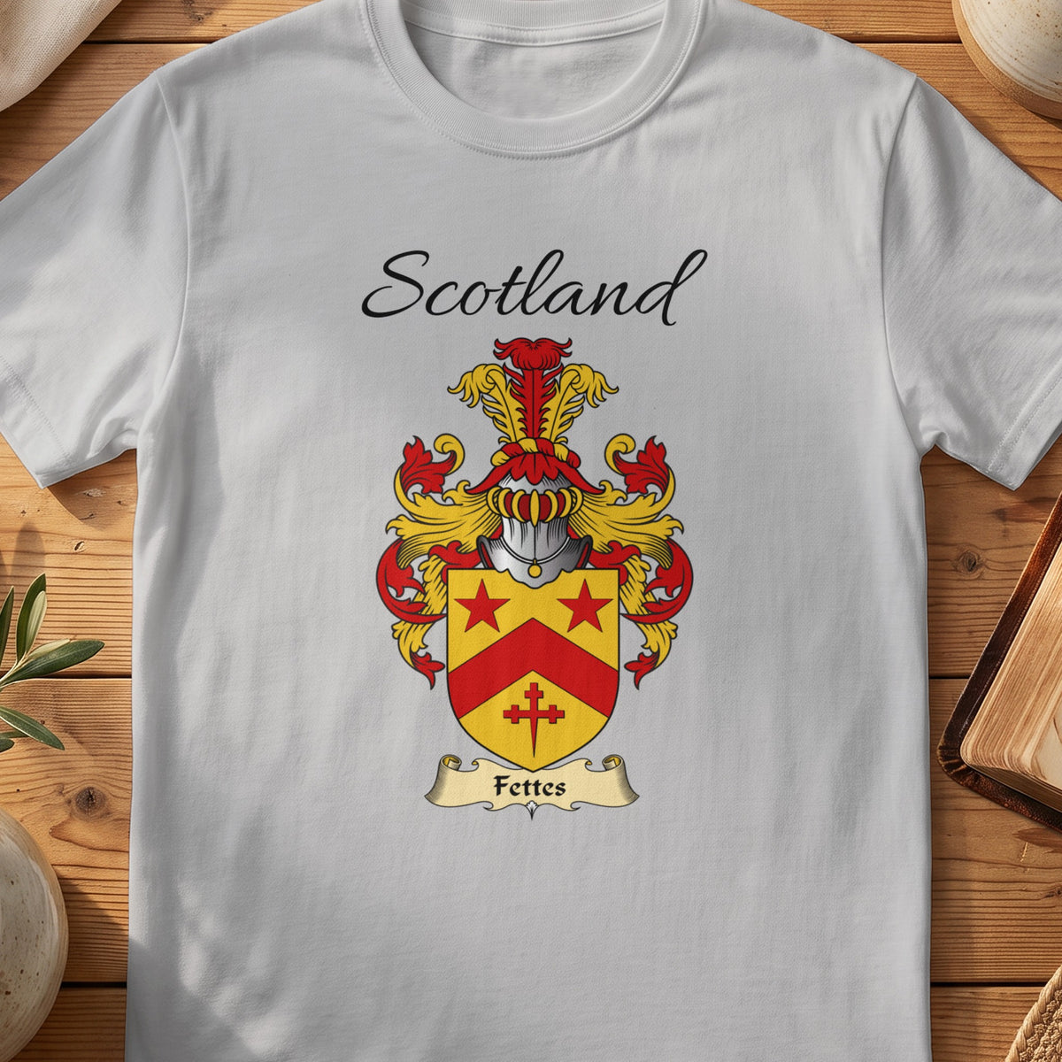Sport Grey Fettes Scottish family shield T-shirt featuring a red chevron and stars on a gold shield
