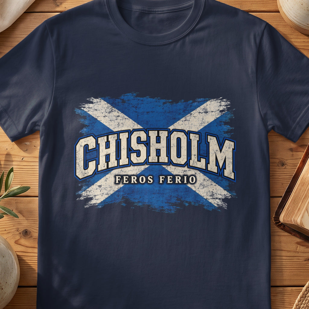 Chisholm Scottish Saltire T-shirt in Navy, with distressed blue and cream flag and “Feros Ferio” lettering.