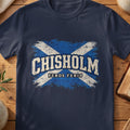 Chisholm Scottish Saltire T-shirt in Navy, with distressed blue and cream flag and “Feros Ferio” lettering.