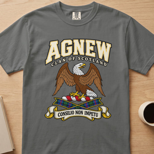 Agnew brown spread-wing bird crest graphic on a charcoal gray Comfort Colors T-shirt, front view