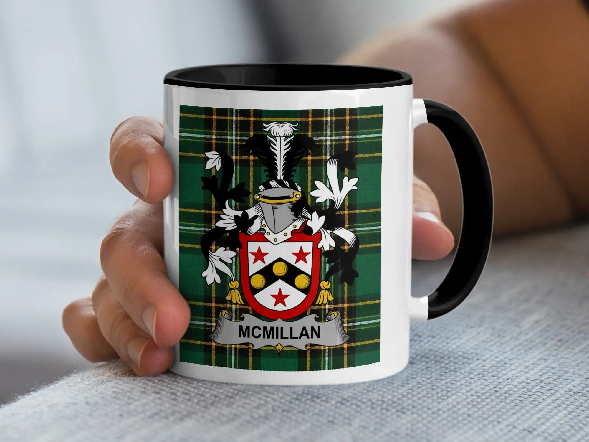 McMillan Irish family crest black accent mug