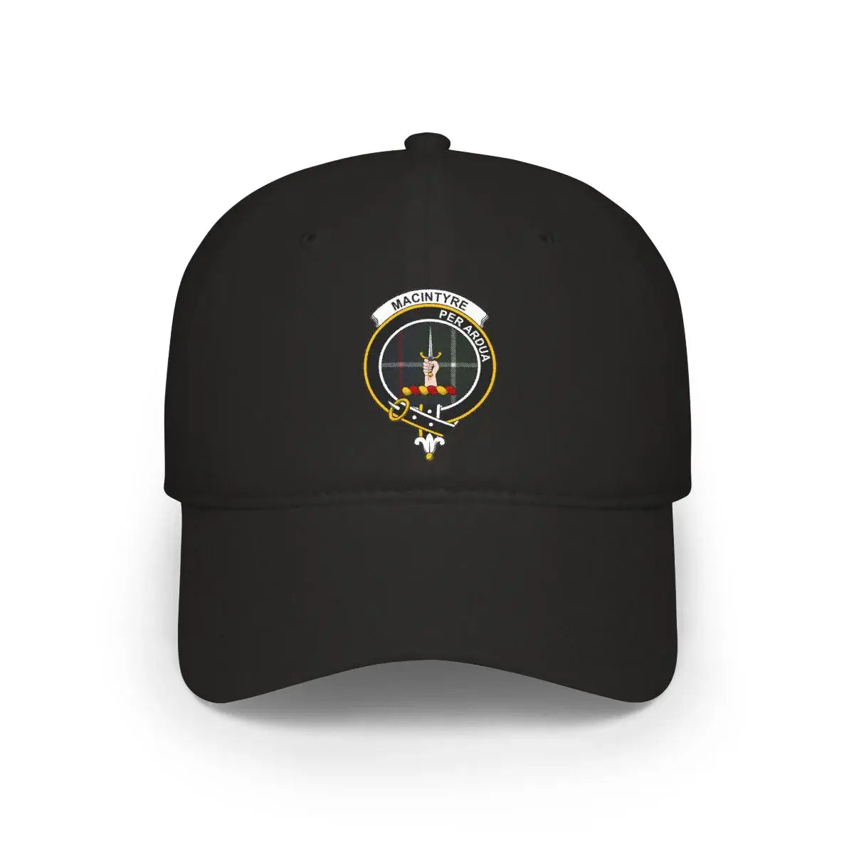 MacIntyre Per Ardua clan emblem hat — clan crest print on 100% cotton, adjustable strap