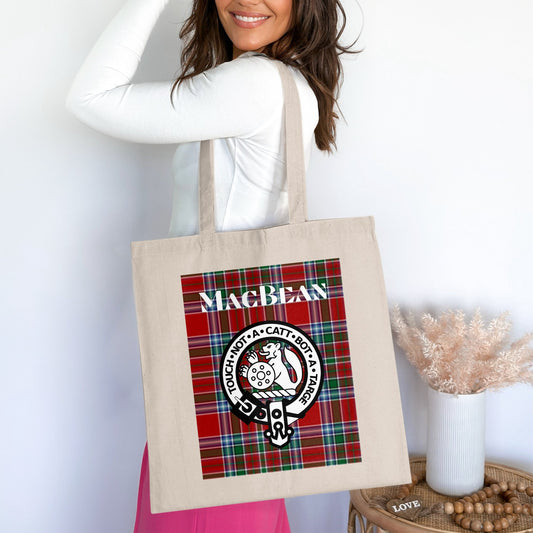 MacBean Scottish Crest on Tartan Background Tote Bag - Living Stone Gifts