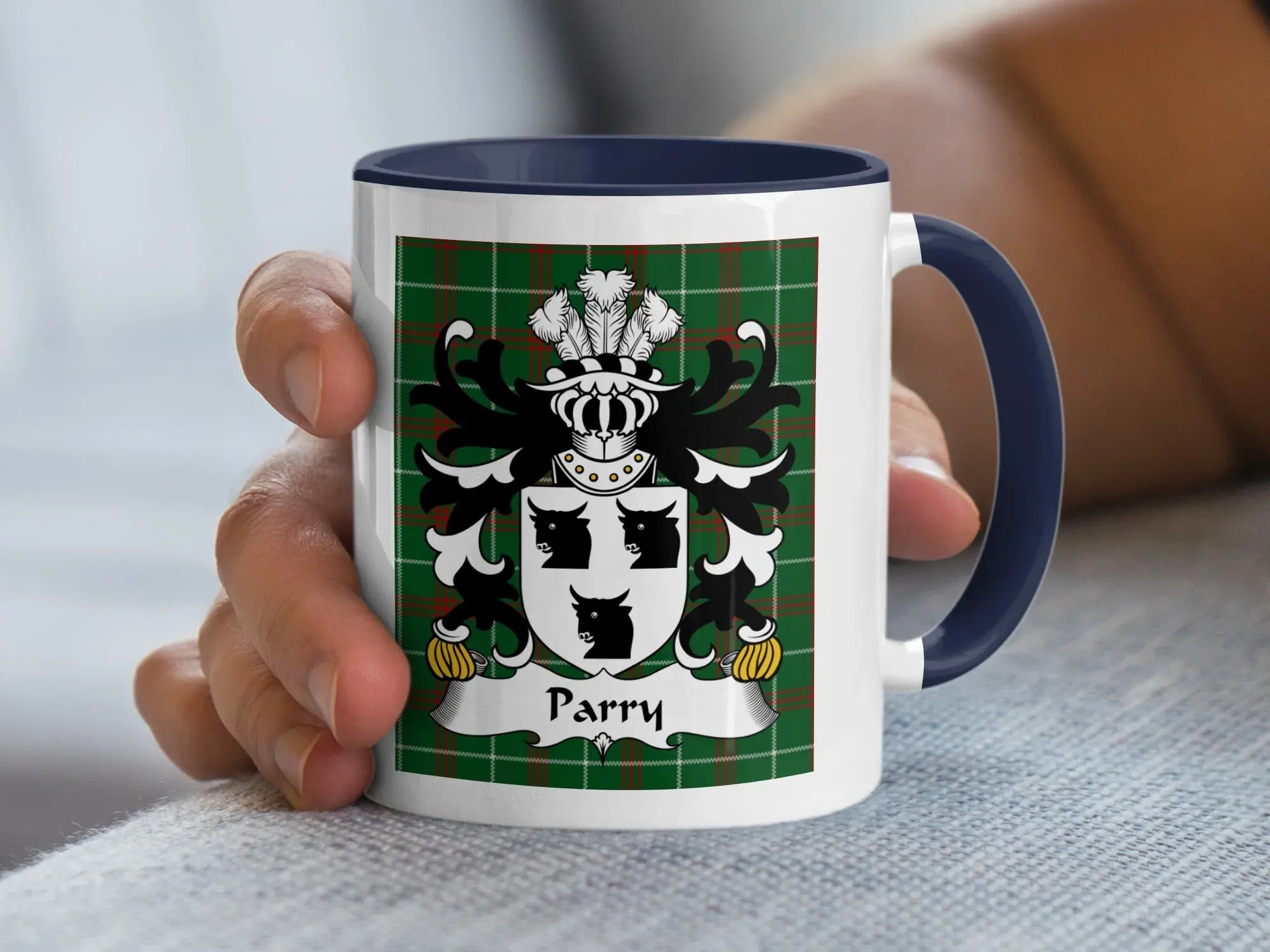 Parry Welsh family crest mug with navy accent on green tartan