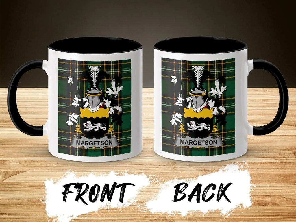 Margetson crest on a black and white plaid mug, front and back views.