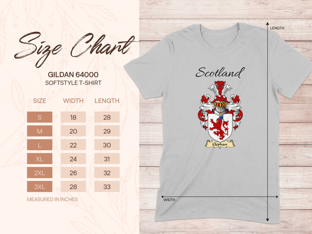 Gildan 64000 size chart for the Clephan unisex T-shirt, sizes S to 3XL