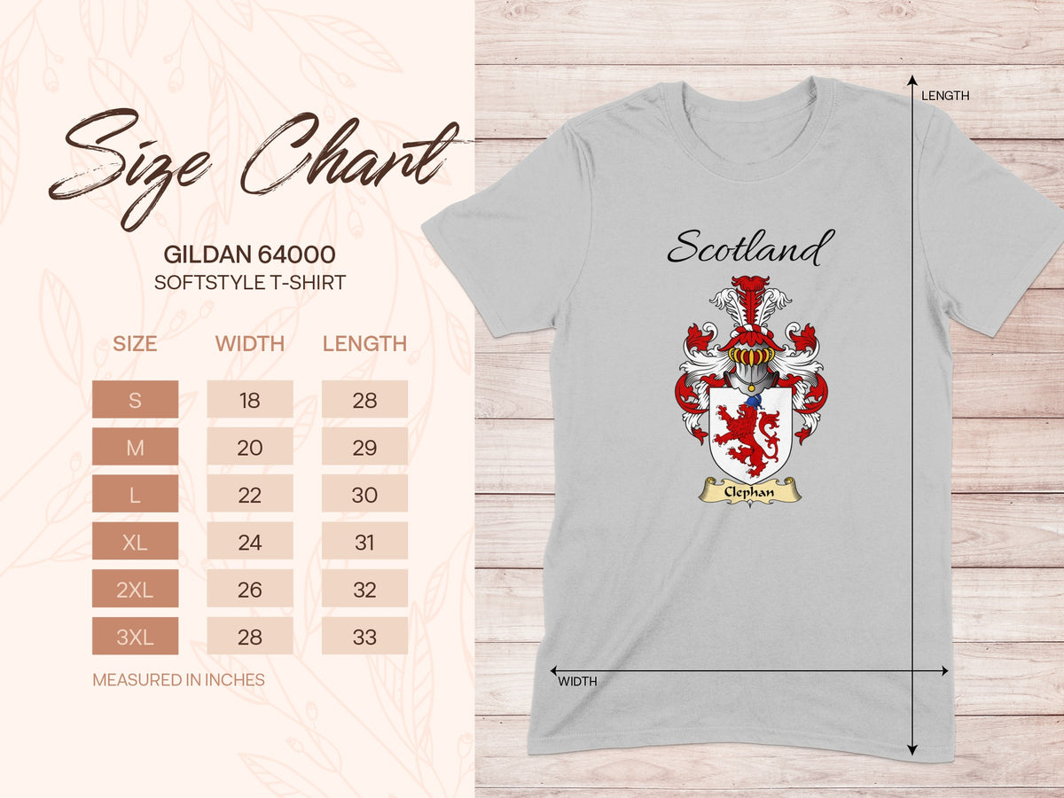 Gildan 64000 size chart for the Clephan unisex T-shirt, sizes S to 3XL