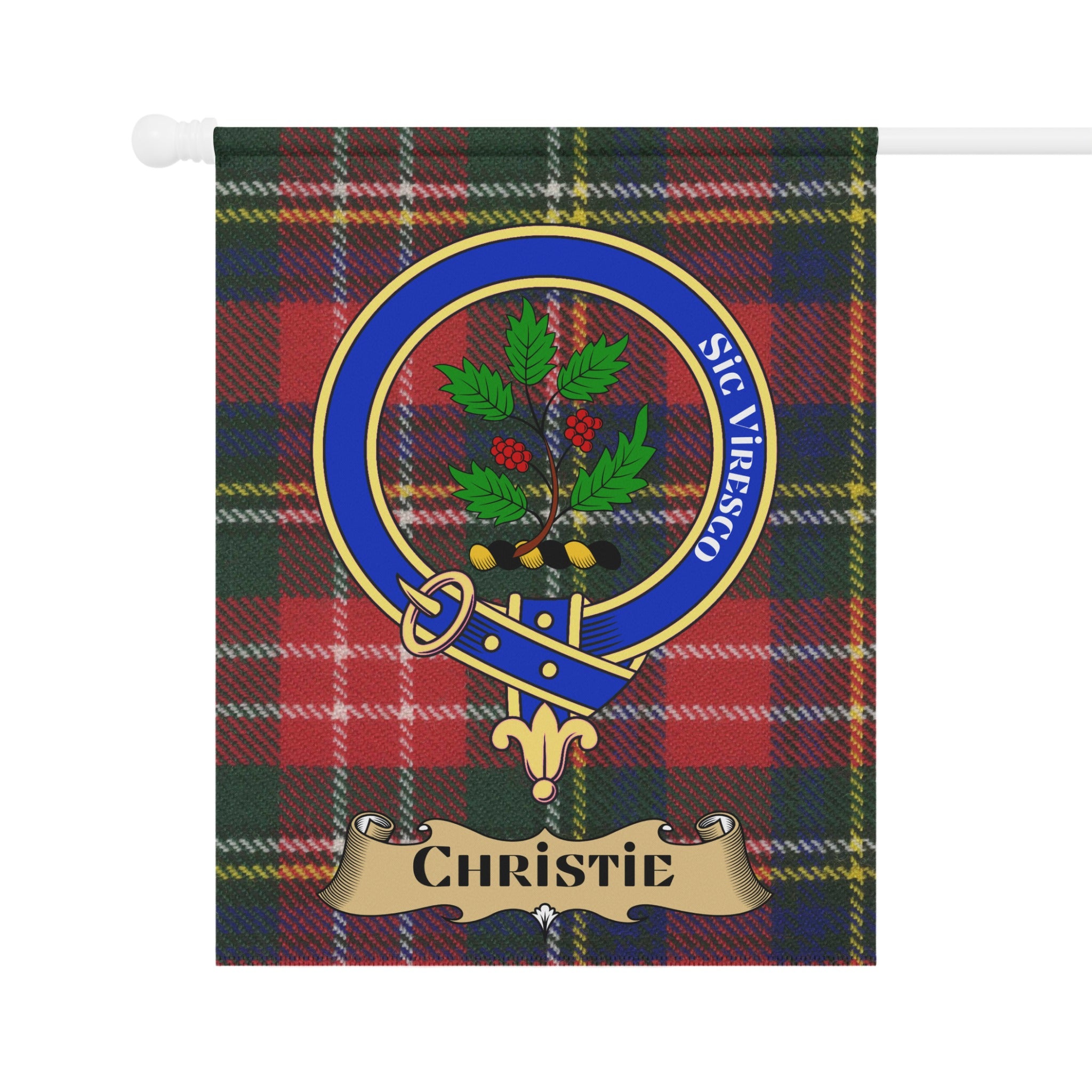 Christie clan crest and motto on tartan garden flag — full view