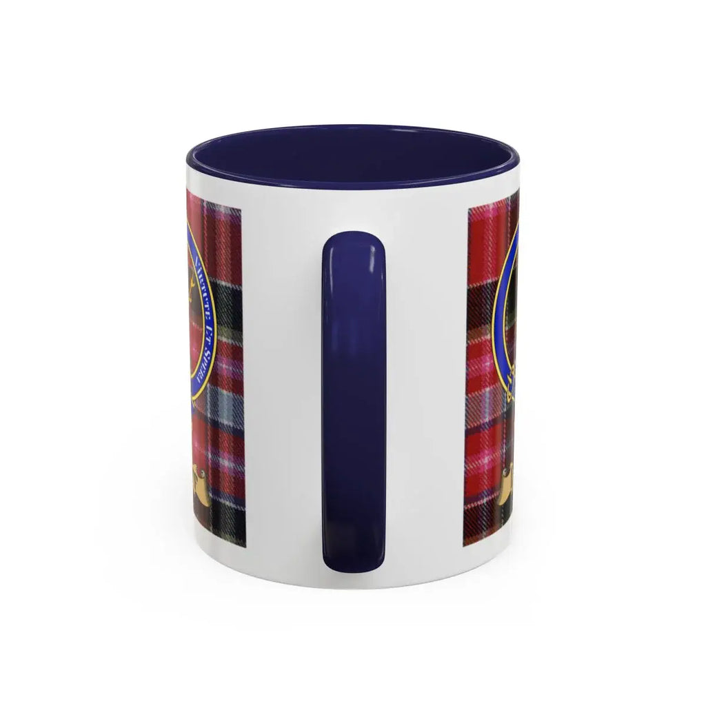 Duff clan mug lifestyle shot — 15oz ceramic with red handle, morning coffee setting