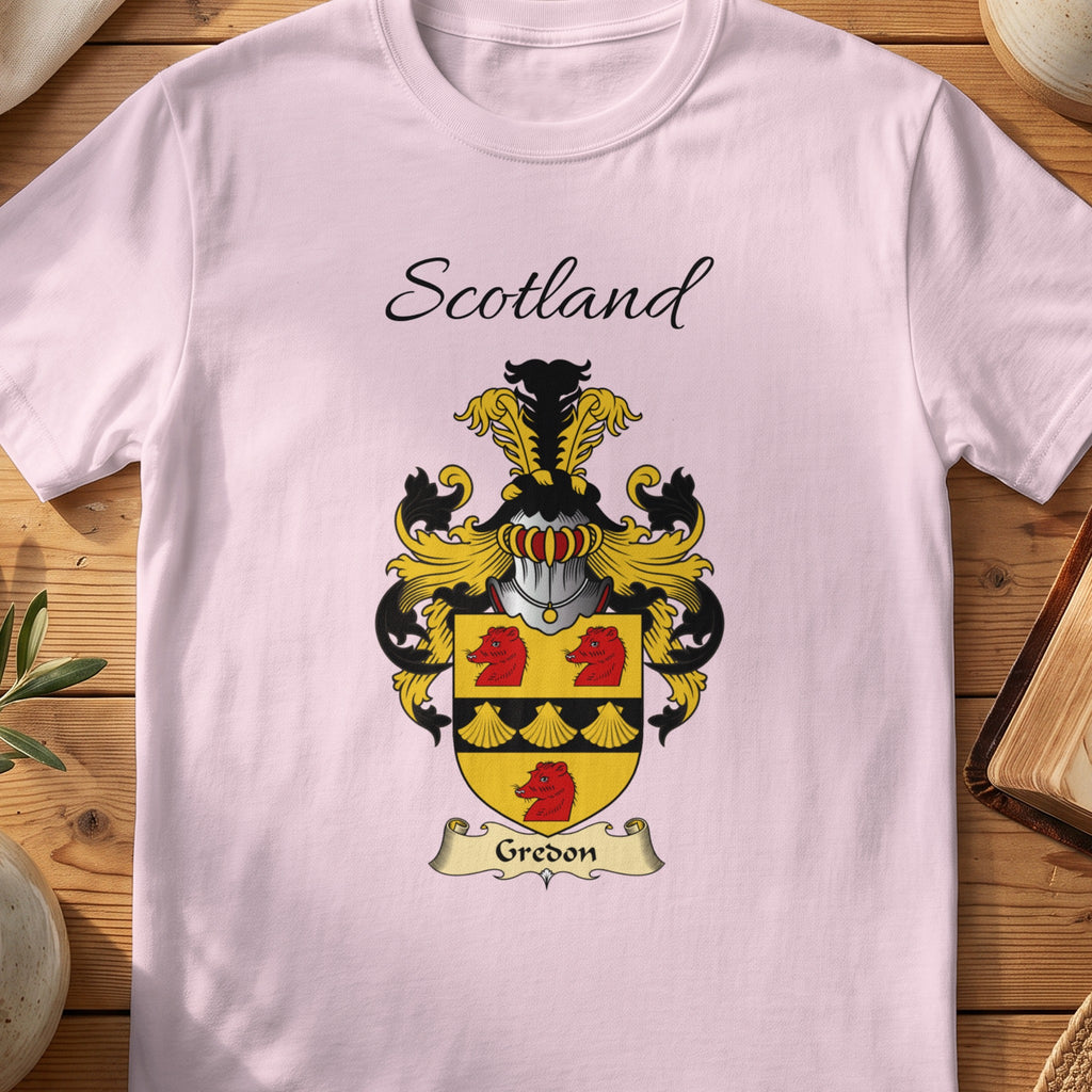 Light Pink Gredon Scottish family shield T-shirt featuring gold shells and red animal heads