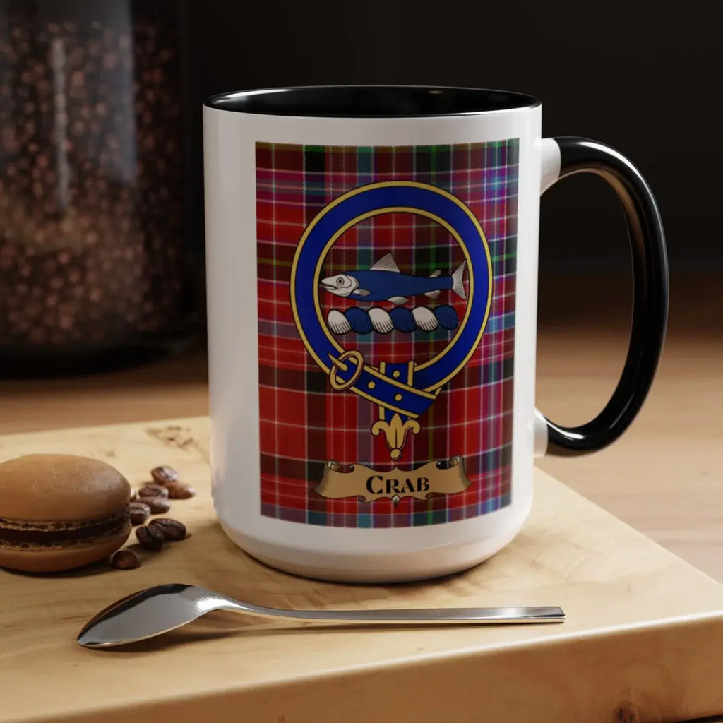 Close-up of the Crab clan crest printed on a ceramic mug