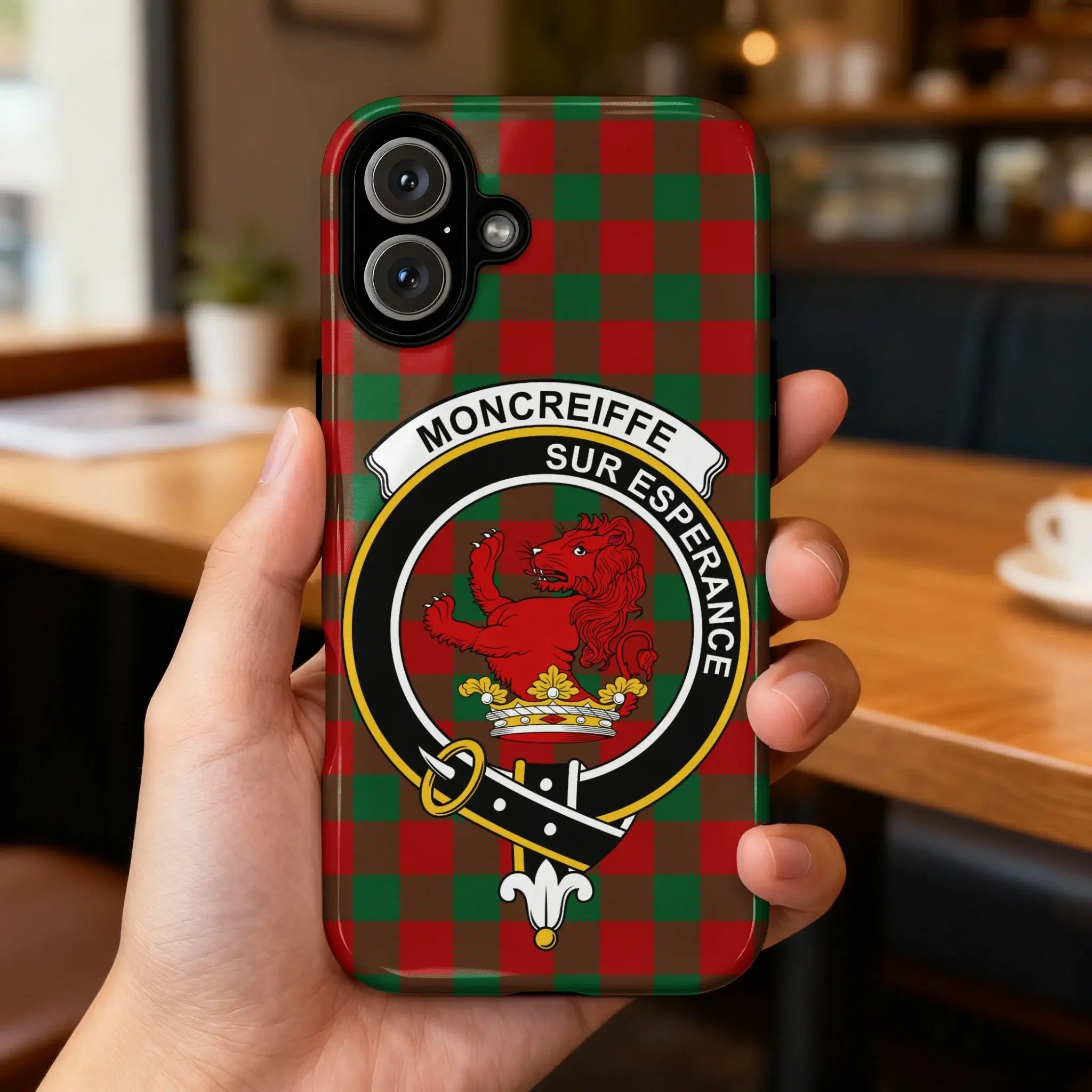 Clan Moncreiffe Sur Esperance tartan phone case — glossy full-wrap print with red lion crest