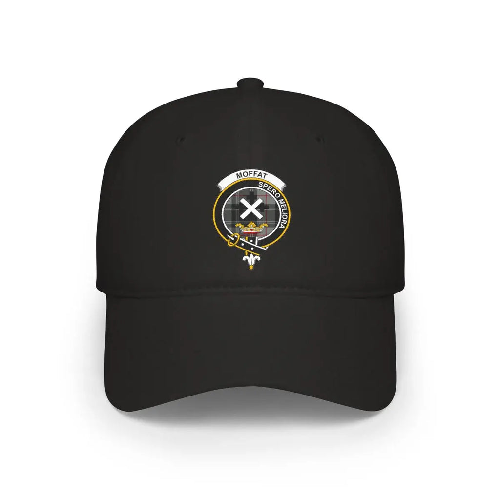 Moffat Spero Meliora crest cap in black — printed clan emblem, low-profile adjustable hat