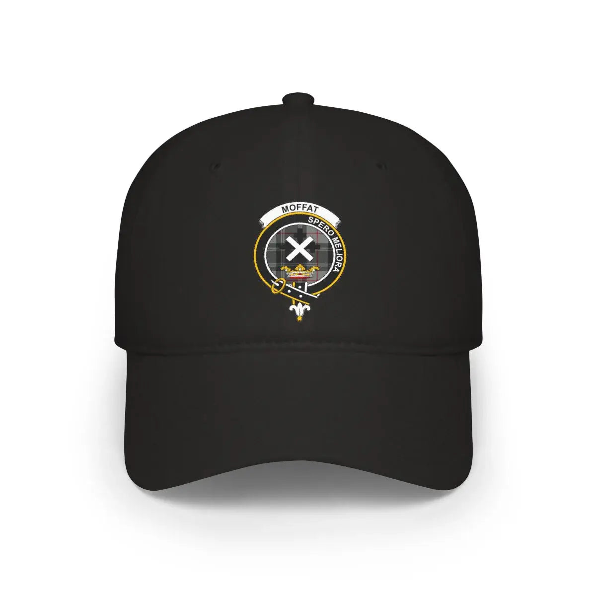 Moffat Spero Meliora crest cap in black — printed clan emblem, low-profile adjustable hat