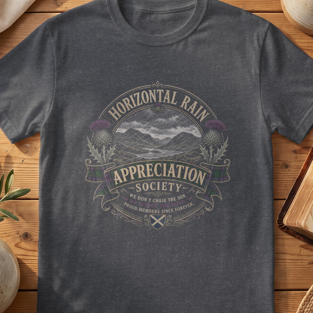 Dark grey Gildan 64000 unisex T-shirt flatlay with Horizontal Rain Appreciation Society Scottish graphic design