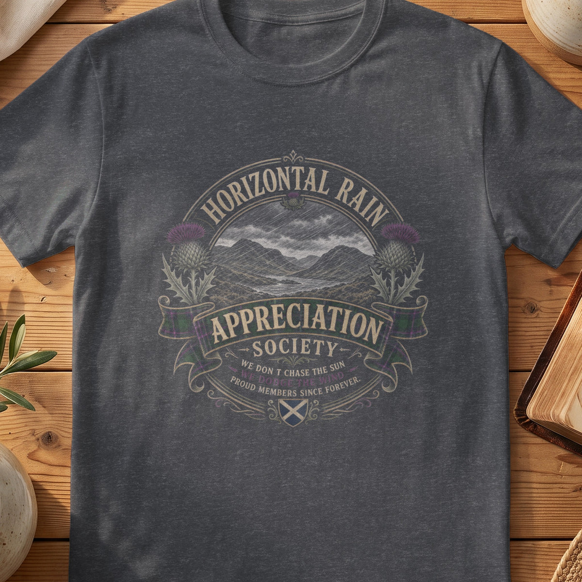 Dark grey Gildan 64000 unisex T-shirt flatlay with Horizontal Rain Appreciation Society Scottish graphic design