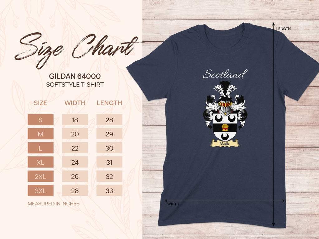 Gildan 64000 size chart for the Yuille Scottish family crest T-shirt, covering sizes S–3XL.