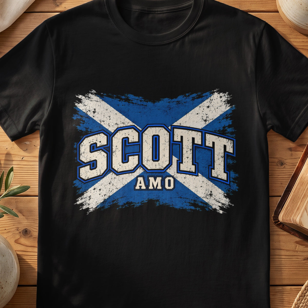 Scott Scottish Saltire T-shirt in Black, with distressed blue and cream flag and “Amo” lettering.